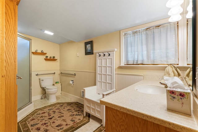 392 Leisure Ln, Sula, MT 59871 - full bathroom featuring vanity, an enclosed shower, lofted ceiling, and a wainscoted wall