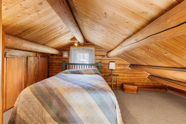 392 Leisure Ln, Sula, MT 59871 - carpeted bedroom featuring wooden ceiling and rustic walls