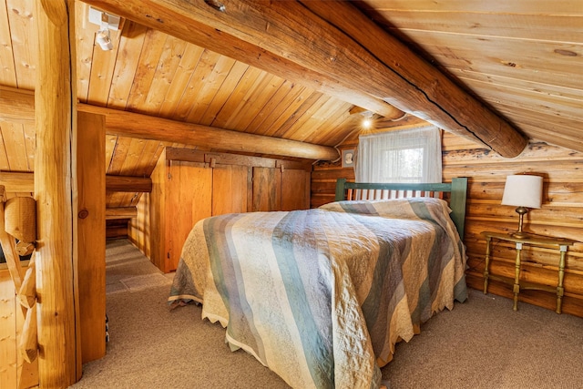 392 Leisure Ln, Sula, MT 59871 - carpeted bedroom featuring log walls and wooden ceiling