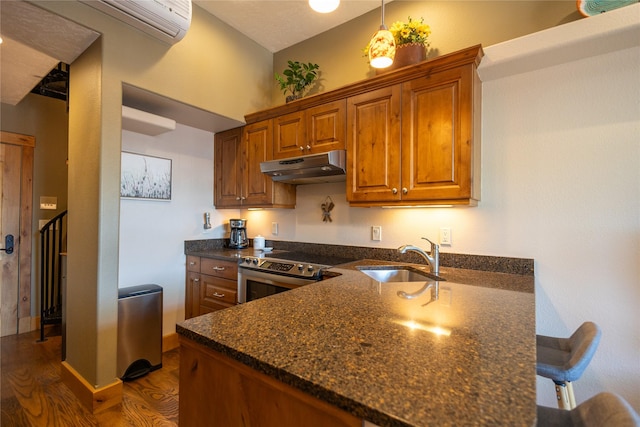 62 S Last Chance Gulch Gulch Unit 5, Helena, MT 59601 - kitchen featuring electric range, under cabinet range hood, dark wood finished floors, brown cabinets, and a peninsula