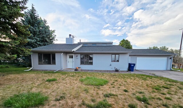 1401 Park Garden Rd, Great Falls, MT 59404 - ranch-style house with concrete driveway, a front lawn, a chimney, a garage, and a shingled roof