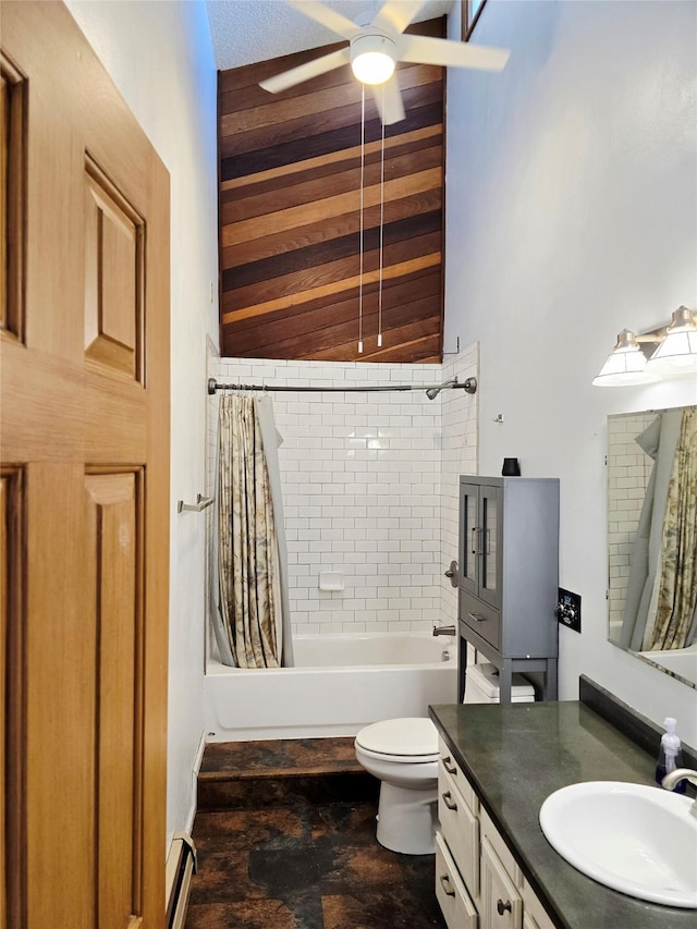 1401 Park Garden Rd, Great Falls, MT 59404 - full bathroom featuring vanity, shower / bath combo with shower curtain, a ceiling fan, and a baseboard heating unit