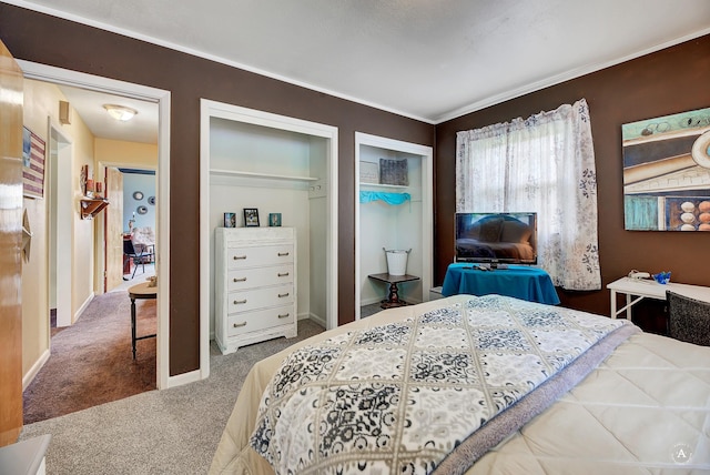 216 W Riggs St, East Helena, MT 59635 - bedroom featuring carpet flooring, two closets, and crown molding