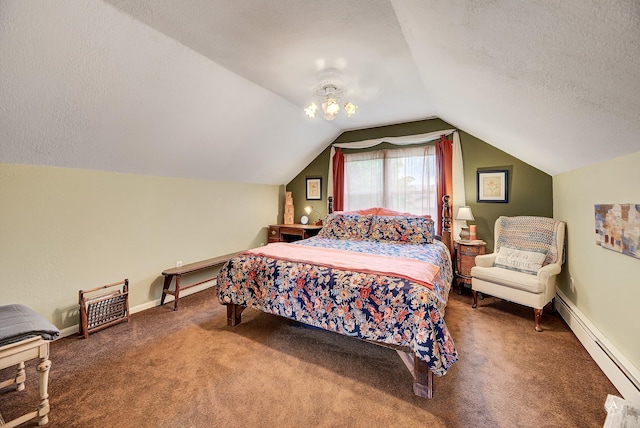 216 W Riggs St, East Helena, MT 59635 - bedroom featuring a baseboard heating unit, carpet floors, a textured ceiling, and lofted ceiling
