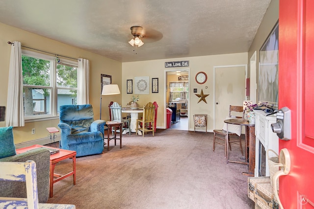 216 W Riggs St, East Helena, MT 59635 - living area featuring healthy amount of natural light, carpet, a ceiling fan, and a baseboard heating unit