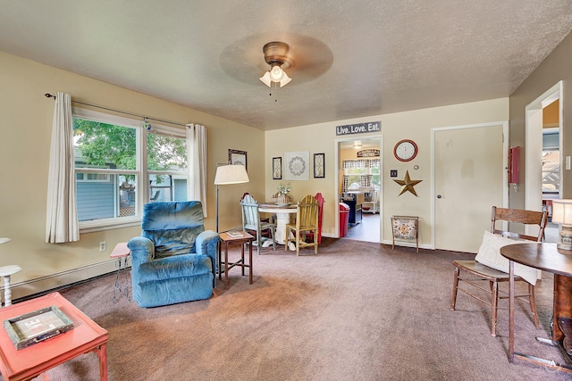 216 W Riggs St, East Helena, MT 59635 - sitting room with baseboard heating, carpet flooring, ceiling fan, and a textured ceiling