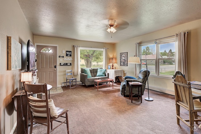 216 W Riggs St, East Helena, MT 59635 - living area featuring baseboard heating, a textured ceiling, ceiling fan, and carpet floors