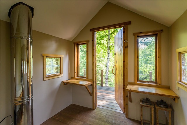 28578 Wapiti Ln, Bigfork, MT 59911 - entryway with wood finished floors and vaulted ceiling