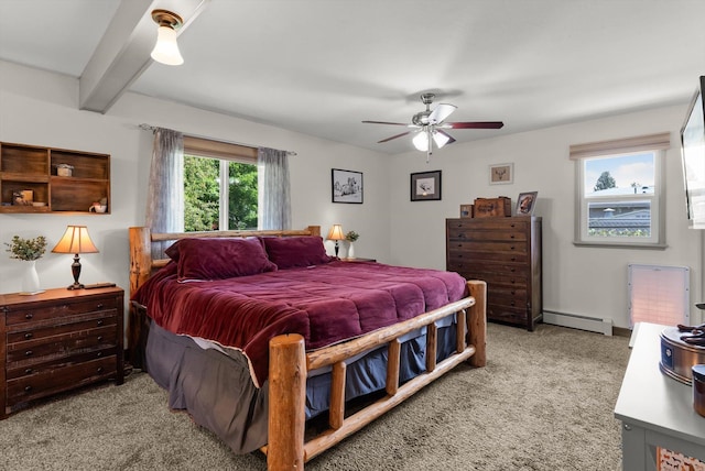 3906 Bellecrest Dr, Missoula, MT 59801 - bedroom with light carpet, a baseboard heating unit, beamed ceiling, and ceiling fan