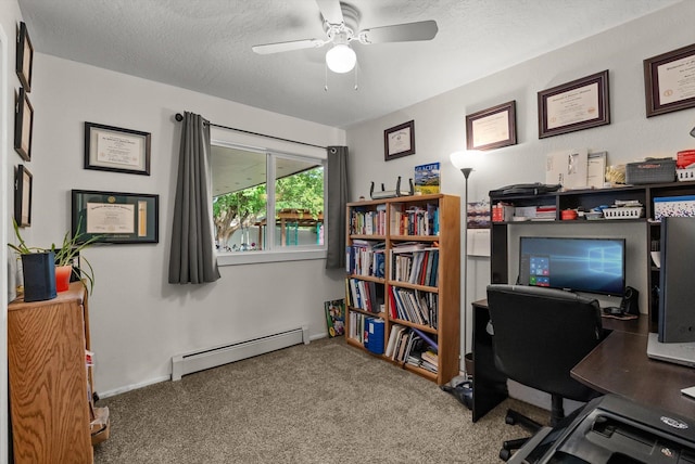 3906 Bellecrest Dr, Missoula, MT 59801 - carpeted office space with a baseboard radiator, a ceiling fan, and a textured ceiling