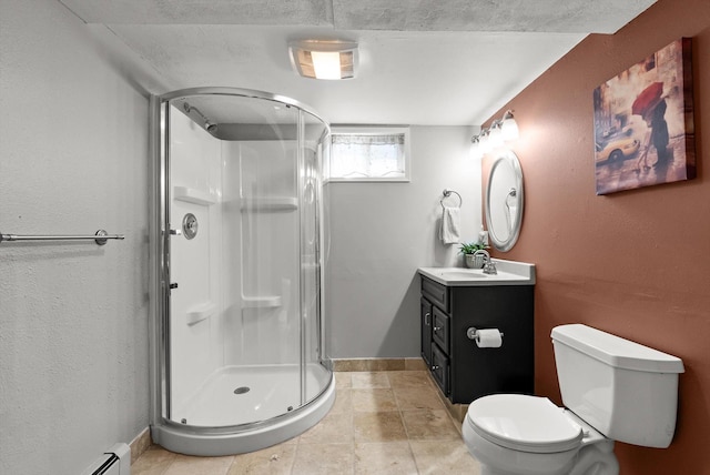 3906 Bellecrest Dr, Missoula, MT 59801 - full bathroom featuring a stall shower, vanity, baseboard heating, and a textured wall