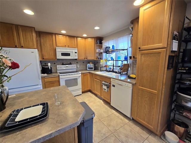 761 32nd Ave NE, Great Falls, MT 59404 - kitchen featuring white appliances, tasteful backsplash, recessed lighting, light tile patterned floors, and open shelves