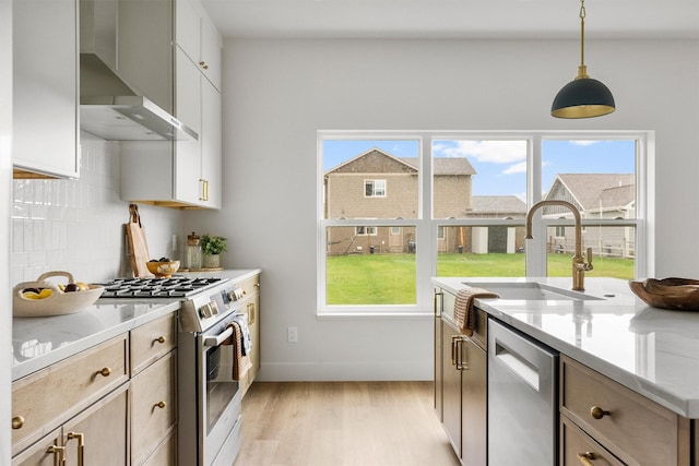 5465 Remington Dr, Missoula, MT 59808 - kitchen featuring stainless steel appliances, wall chimney range hood, light wood-style flooring, backsplash, and pendant lighting