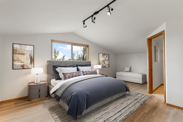 674 Porter Hill Rd, Stevensville, MT 59870 - bedroom with light wood-style floors, lofted ceiling, and track lighting