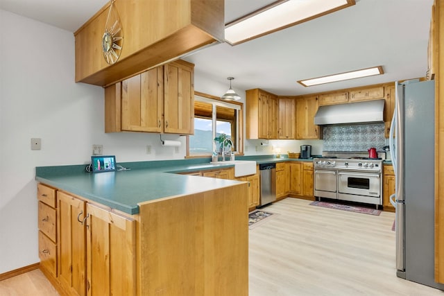674 Porter Hill Rd, Stevensville, MT 59870 - kitchen with stainless steel appliances, ventilation hood, a peninsula, light wood-style floors, and decorative backsplash