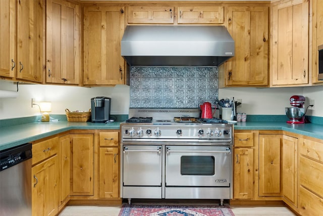674 Porter Hill Rd, Stevensville, MT 59870 - kitchen featuring appliances with stainless steel finishes, extractor fan, light wood-style flooring, decorative backsplash, and light countertops