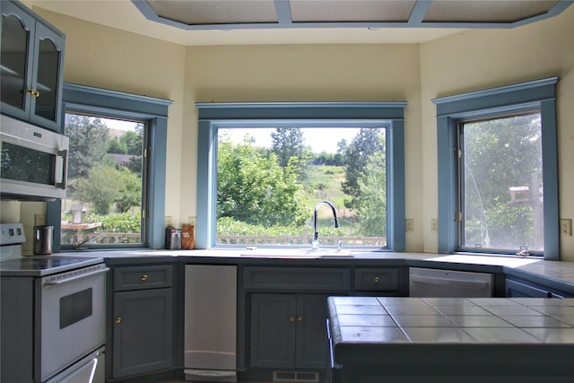 11740 Gopher Dr, Missoula, MT 59808 - kitchen featuring appliances with stainless steel finishes, tile counters, plenty of natural light, and glass insert cabinets