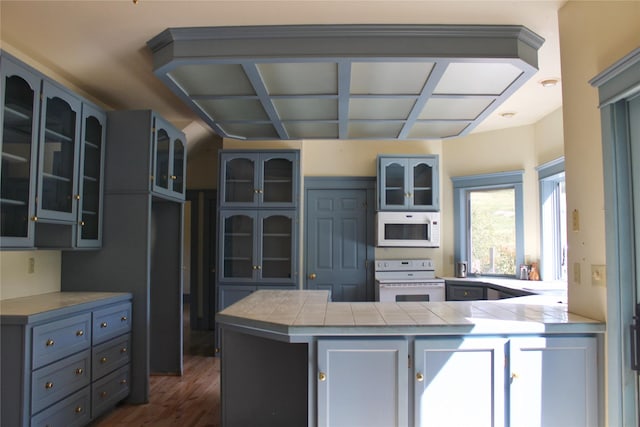 11740 Gopher Dr, Missoula, MT 59808 - kitchen with white appliances, a peninsula, dark wood-style flooring, glass insert cabinets, and tile counters