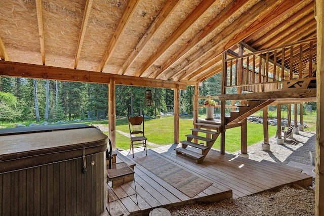 670 Potter Creek Rd, Olney, MT 59927 - wooden deck with a hot tub, a yard, and stairway