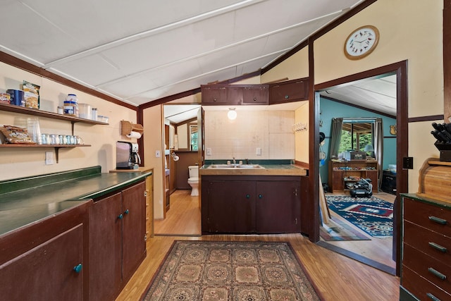 670 Potter Creek Rd, Olney, MT 59927 - kitchen featuring vaulted ceiling, light wood-type flooring, and dark brown cabinets