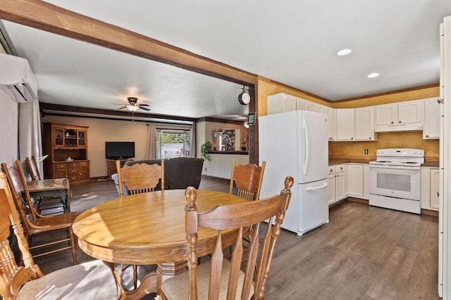 670 Potter Creek Rd, Olney, MT 59927 - dining area with a wall mounted air conditioner, dark wood-type flooring, a ceiling fan, recessed lighting, and crown molding