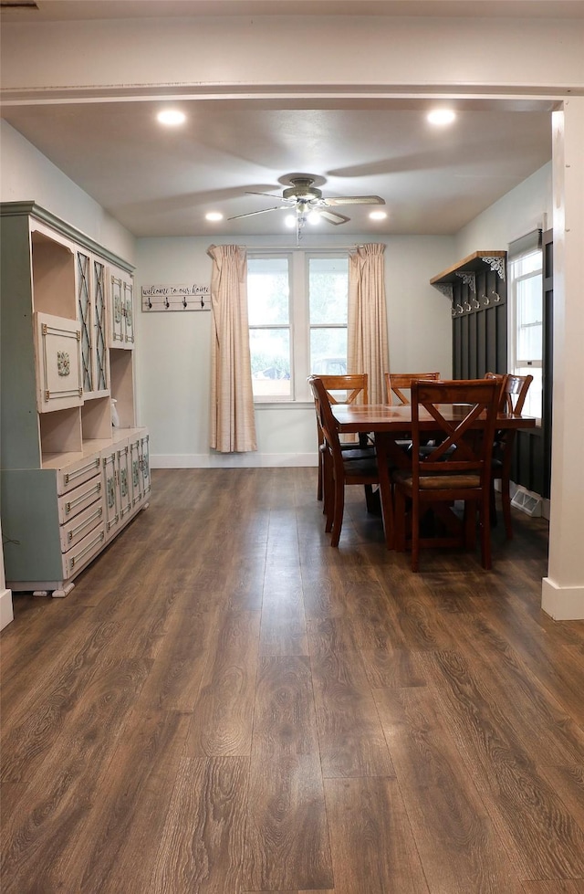 319 2nd St SW, Choteau, MT 59422 - dining area with healthy amount of natural light, a ceiling fan, dark wood-style flooring, and recessed lighting