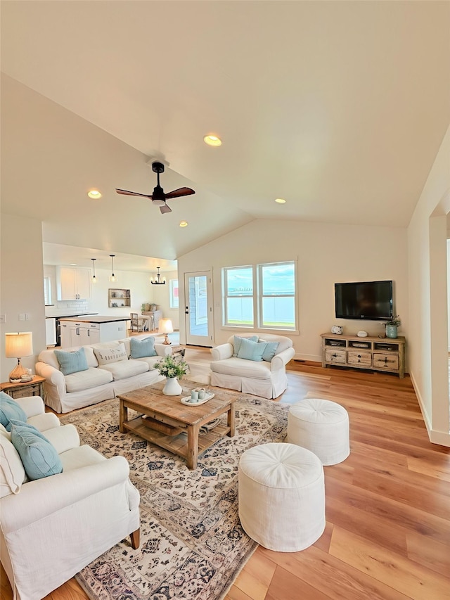 417 I St, Townsend, MT 59644 - living room with lofted ceiling, light wood-style floors, recessed lighting, and ceiling fan