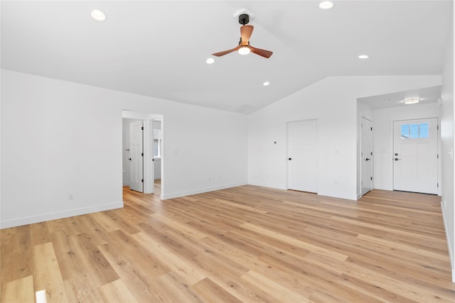 417 I St, Townsend, MT 59644 - empty room with vaulted ceiling, ceiling fan, recessed lighting, and light wood finished floors