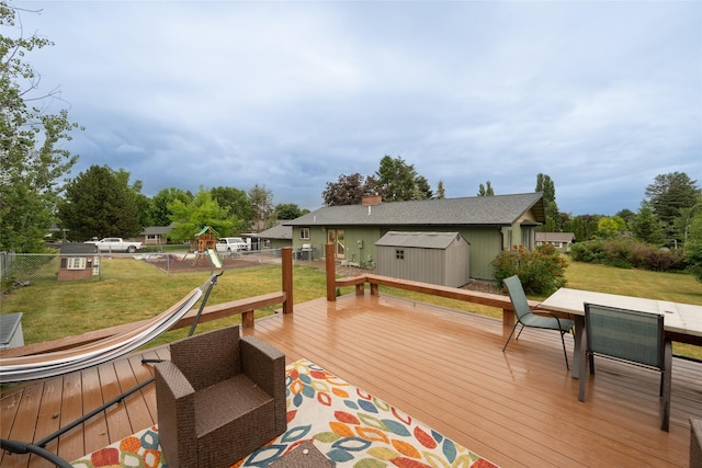 51 Konley Dr, Kalispell, MT 59901 - wooden deck with a shed and outdoor dining area