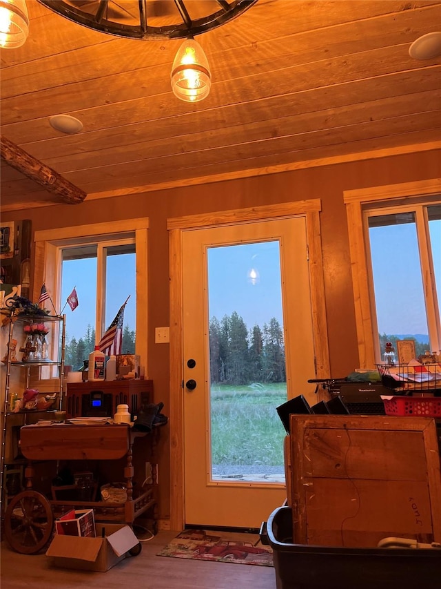 27687 Yaak River Rd, Troy, MT 59935 - doorway featuring wood ceiling and wood finished floors