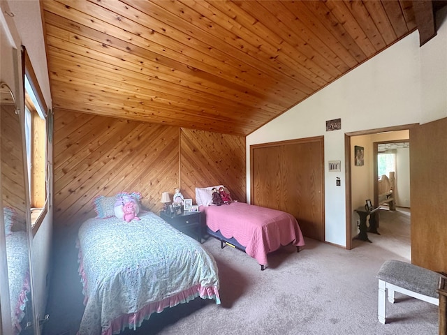 952 Chestnut Ave, Highwood, MT 59450 - carpeted bedroom with lofted ceiling, wooden ceiling, a closet, and wooden walls