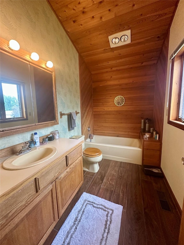 952 Chestnut Ave, Highwood, MT 59450 - full bathroom with vanity, wooden ceiling, wallpapered walls, wood finished floors, and washtub / shower combination