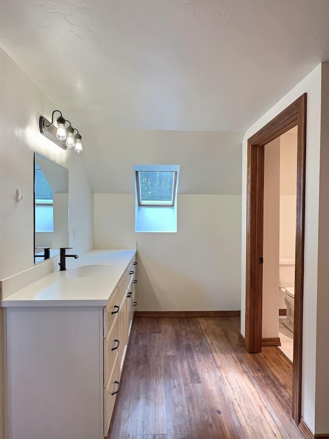 251 Elk Trl, Whitefish, MT 59937 - bathroom featuring vanity, wood finished floors, lofted ceiling, and a skylight
