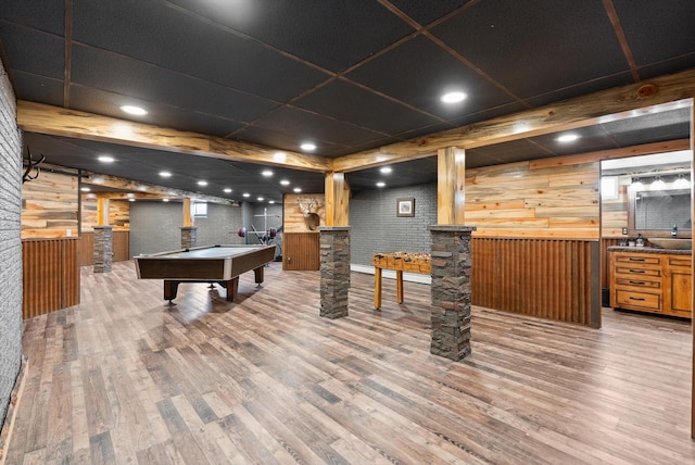 149 Meadow Vista Ln, Deer Lodge, MT 59722 - game room featuring wooden walls, bar area, wood finished floors, and billiards table