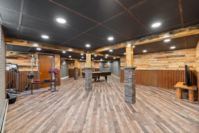 149 Meadow Vista Ln, Deer Lodge, MT 59722 - playroom featuring wooden walls, ornate columns, wood finished floors, and billiards table