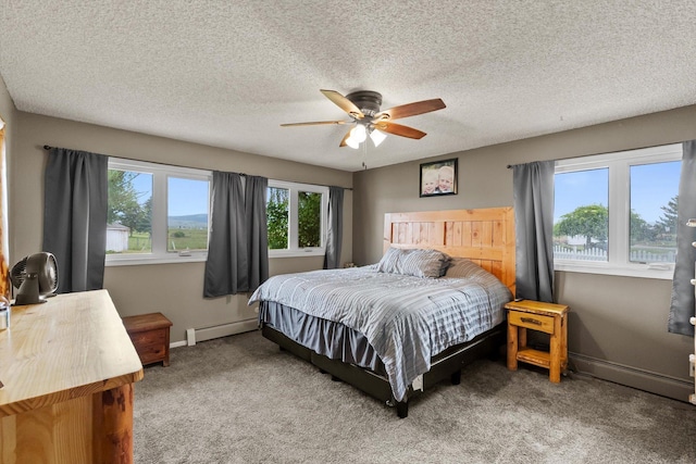 149 Meadow Vista Ln, Deer Lodge, MT 59722 - bedroom with light colored carpet, baseboard heating, a textured ceiling, and ceiling fan