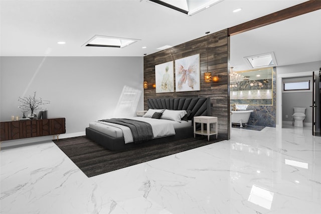 60951 Sparky Dr, Saint Ignatius, MT 59865 - bedroom with marble tiled flooring, a skylight, recessed lighting, an accent wall, and wood walls