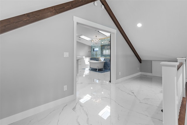 60951 Sparky Dr, Saint Ignatius, MT 59865 - additional living space featuring marble tiled flooring, a chandelier, vaulted ceiling, and recessed lighting