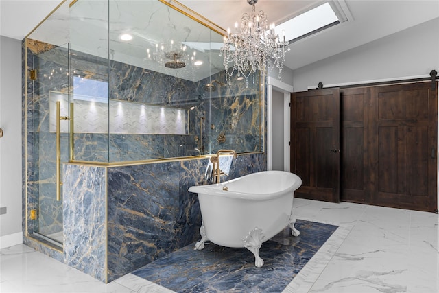 60951 Sparky Dr, Saint Ignatius, MT 59865 - full bathroom featuring marble tiled flooring, a marble finish shower, a freestanding tub, a chandelier, and vaulted ceiling