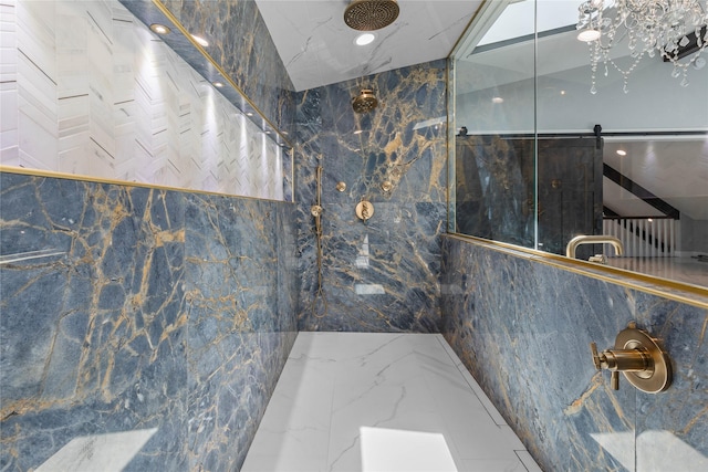 60951 Sparky Dr, Saint Ignatius, MT 59865 - full bathroom featuring tile walls, a marble finish shower, marble tiled floors, and recessed lighting