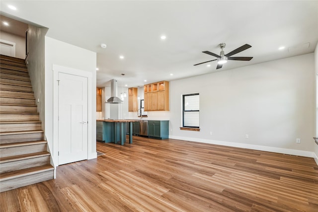 37 S Rodney St, Helena, MT 59601 - unfurnished living room featuring stairs, light wood-type flooring, recessed lighting, and a ceiling fan