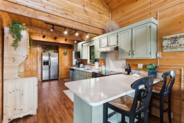 168 Carpenter Ln, Eureka, MT 59917 - kitchen with appliances with stainless steel finishes, track lighting, under cabinet range hood, wooden walls, and light countertops
