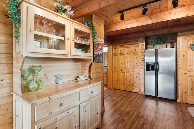 168 Carpenter Ln, Eureka, MT 59917 - kitchen with stainless steel fridge, wood ceiling, dark wood-type flooring, light countertops, and rail lighting