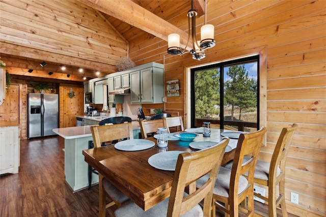 168 Carpenter Ln, Eureka, MT 59917 - dining room with wood ceiling, wooden walls, dark wood-style flooring, and a chandelier