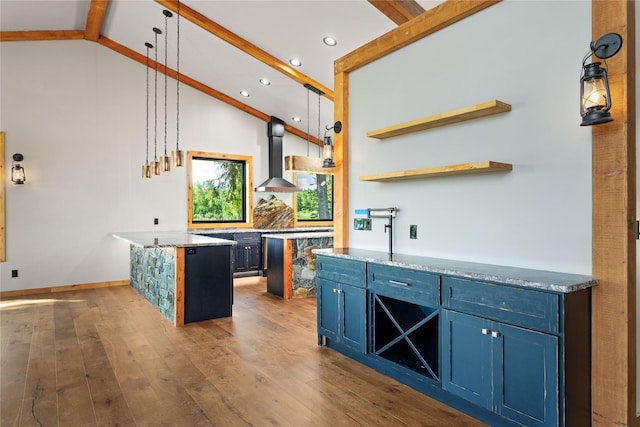 600 Ringneck Dr, Kalispell, MT 59901 - bar featuring wall chimney exhaust hood, hardwood / wood-style flooring, recessed lighting, beverage cooler, and decorative light fixtures