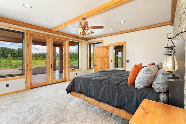 600 Ringneck Dr, Kalispell, MT 59901 - bedroom featuring access to outside, recessed lighting, carpet, and beam ceiling