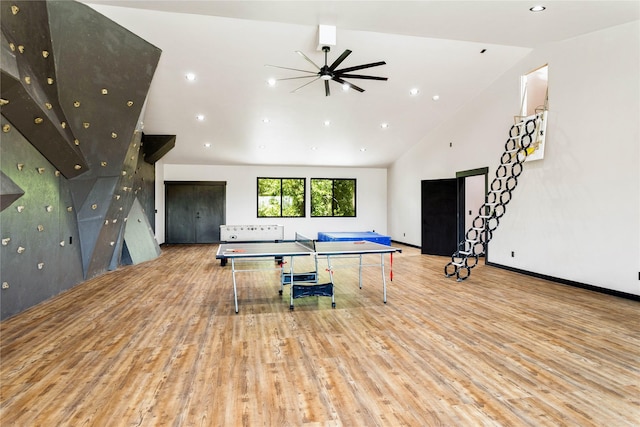 600 Ringneck Dr, Kalispell, MT 59901 - rec room with wood finished floors, recessed lighting, a ceiling fan, and high vaulted ceiling