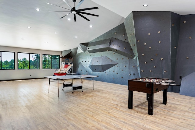 600 Ringneck Dr, Kalispell, MT 59901 - game room featuring a ceiling fan, recessed lighting, wood finished floors, and vaulted ceiling