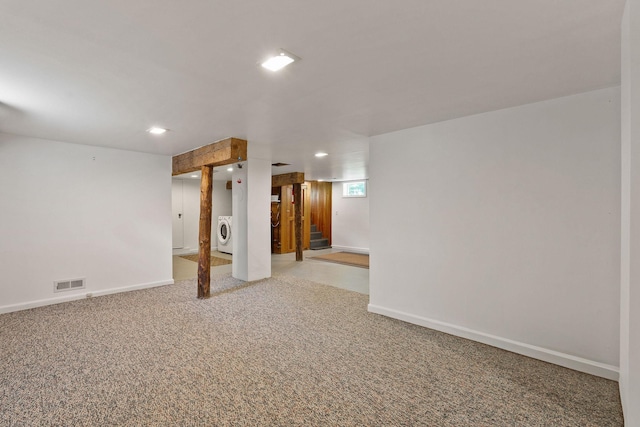 1380 Lower Valley Rd, Kalispell, MT 59901 - basement featuring washer / clothes dryer, light colored carpet, and recessed lighting