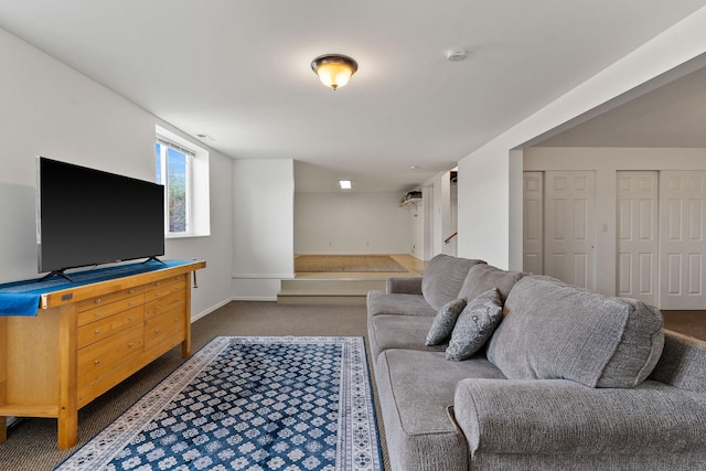 1380 Lower Valley Rd, Kalispell, MT 59901 - living area featuring dark carpet and stairs